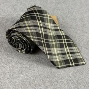 Onassis 100% Silk Plaid Tartan Necktie Black Gray Olive Green 58x3.25" NWT